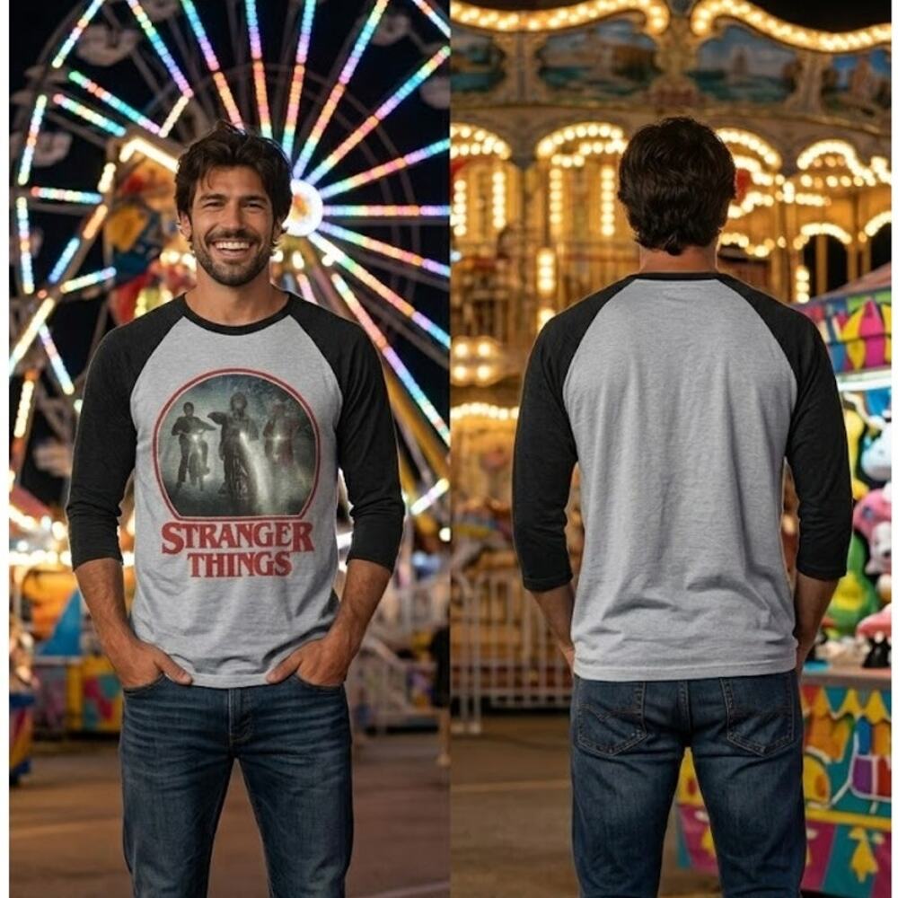 Stranger Things Baseball Shirt Men’s Medium 40 White Black Graphic 3/4 Sleeve